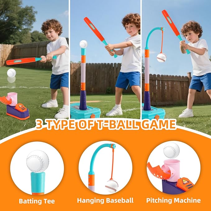 Kids Basketball Hoop and T Ball Set for Toddler 3-5, 4 in 1 Height Adjustable - Toddler Basketball Hoop Indoor Toy for Kids Outdoor Basketball Goal, Portable Sport Toy Gifts for Boy Age 3 4 5