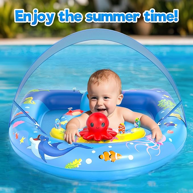 Sunrad Baby Pool Float with Canopy UPF50+ Sun Protection, Inflatable Baby Swim Float with Toy Play Console & Adjustable Safety Seat, Toddler Infant Pool Floaties for 6-36 Months