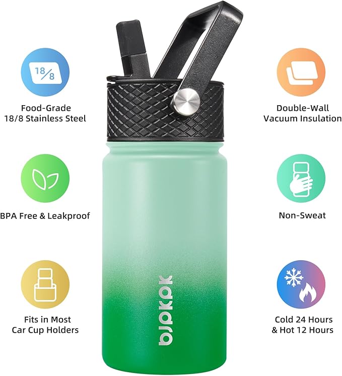 BJPKPK Water Bottle with Straw Lid, 15 oz Insulated Water Bottle, Stainless Steel Metal Water Bottles, Reusable Leak Proof BPA Free Thermo, Flask, Cups, Meadow
