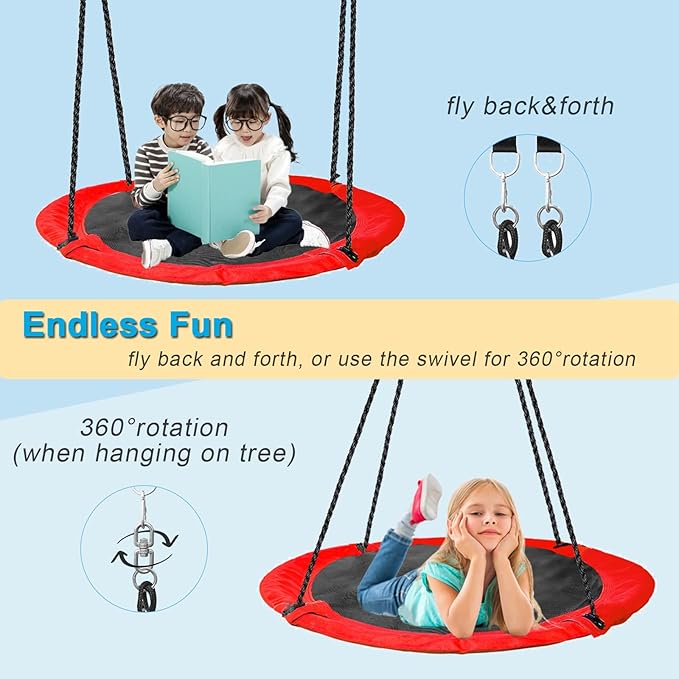 43 inch Saucer Tree Swing for Kids,Flying Round Swing Heavy Duty, Waterproof and All-Weather Resistant Textilene,Swivel,Adjustable Strong Ropes,Easy to Install,Outdoor Playground Backyard