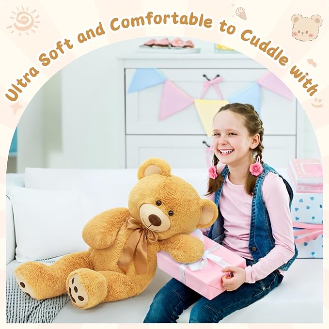 MorisMos Big Teddy Bear Stuffed Animal 36 inch, Large 3ft Teddy Bear Plush Toy, Big Stuffed Bear Gifts for Kids, Girls, Girlfriend, Women on Baby Shower, Valentine, Christmas, Birthday (Light Brown)