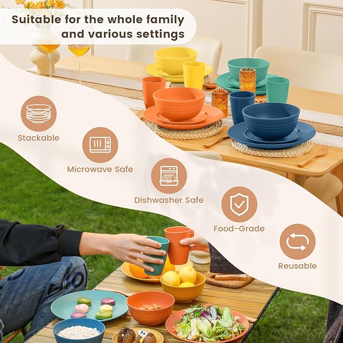 Homienly Dish Set Wheat Straw Dinnerware Sets Unbreakable Reusable Dinnerware Set 16 PCS Cups Plates and Bowls Sets, Microwave and Dishwasher Safe Dishes for Camping, Outdoor - Colorful