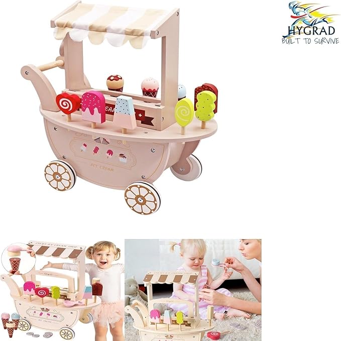 Toddler Wooden Ice Cream Cart Toys, Pretend Play Set Food Truck with Wheels for 3+ Year Old Girls & Boys – Kids Birthday Gift with Magnetic Accessories