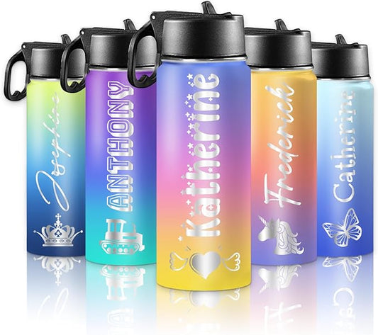 Personalized Water Bottles for Kids with Name for School Customized Christmas Birthday Gifts for Boys Girls Custom Sport Stainless Steel Cup with Straw Lid 18oz for Men Women