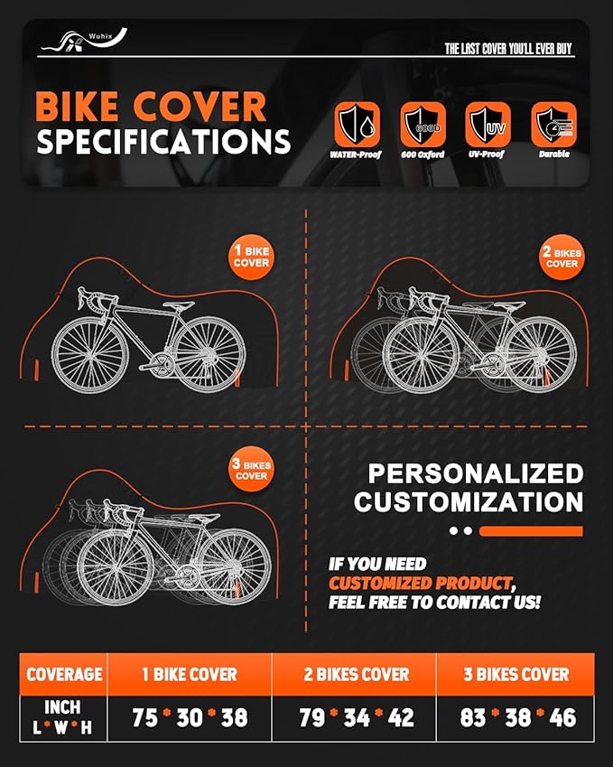 Bike Cover Waterproof Outdoor – 600D Heavy Duty Bicycle Covers for 1/2/3 Bikes – UV Rain Dust Snow Protection – Fits Road, Mountain, Cruiser, Ebike & Electric Bikes