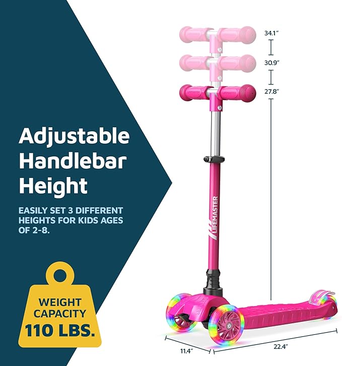 Lifemaster Mini 3-Wheel Kids Scooter with Multi-Color Wheel Lights – 4-Height Adjustable Handlebar, Wide Anti-Slip Deck, Child Safety Certified, Boys & Girls Ages 2+ Supports Up to 110 lbs