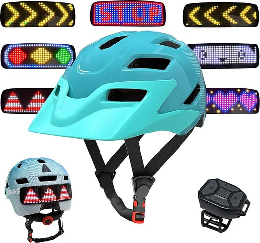 Kids Bike Helmet with LED Lights, Remote Control Turn Signals Safety Helmet Back Light for Youth Mountain Cycling Scooter Skateboarding, Adjustable and Lightweight for Boys Girls