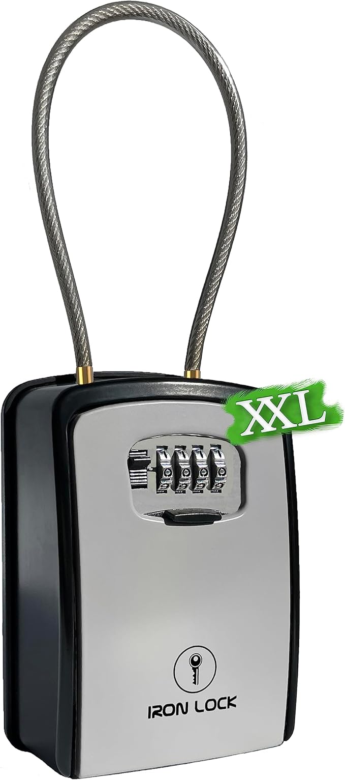 Iron Lock® XXL Portable Key Lock Box and Wall Mounted with Removable Cable Shackle Waterproof Indoor Outdoor 4 Digit Combo Resettable Code with A B Switch Extra Large Key Lockbox Outside (XXL, Grey)