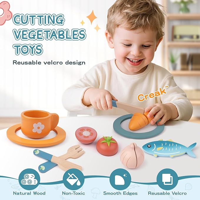 Wooden Play Kitchen Accessories - Pretend Play Food for Toddlers with Dishes Pots & Pans for 3 Year Old, Cutting Fruits Vegetables Toys Birthday Xmas Stocking Stuffers Gifts for Boys Girls 4 5 6