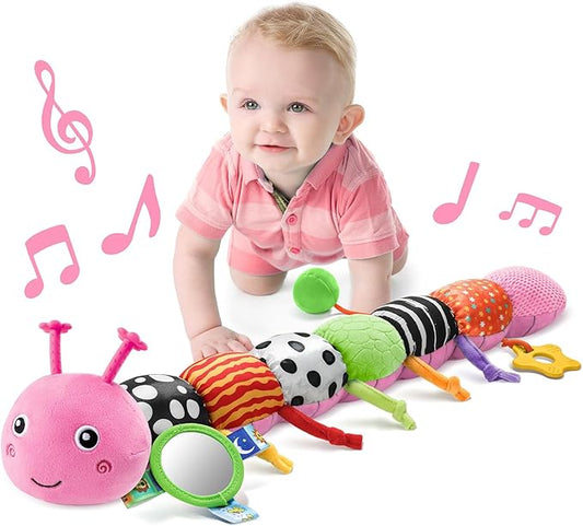 LIGHTDESIRE Baby Toys Musical Caterpillar,Infant Toys Stuffed Animals with Mirror,Ruler Design,Pull String&Rattles,Sensory Toy for Tummy Time Boy Girl Newborn Gifts 3 6 12 Months(Rose Pink,Knot Limb)