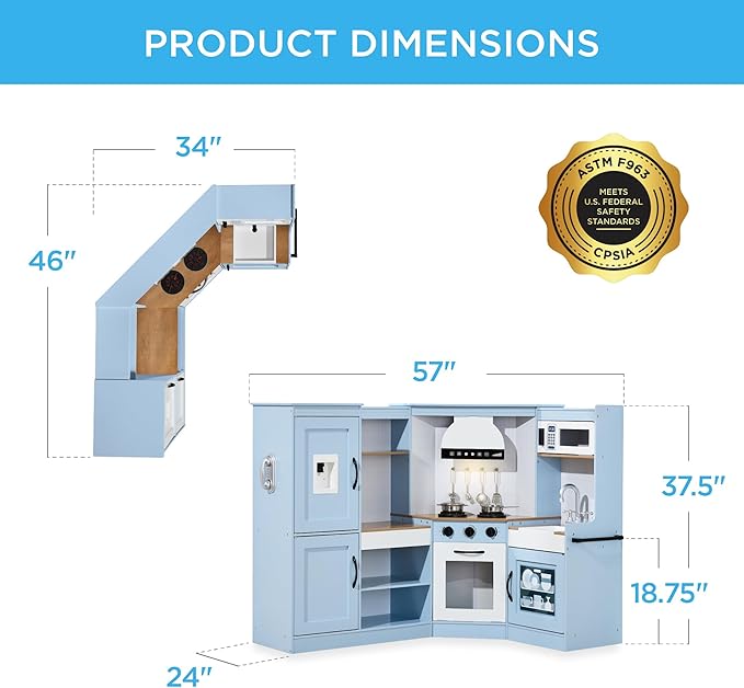 Best Choice Products Pretend Play Corner Kitchen, Ultimate Interactive Wooden Kids Playset w/Lights & Sounds, Ice Maker, Hood - Coastal Blue