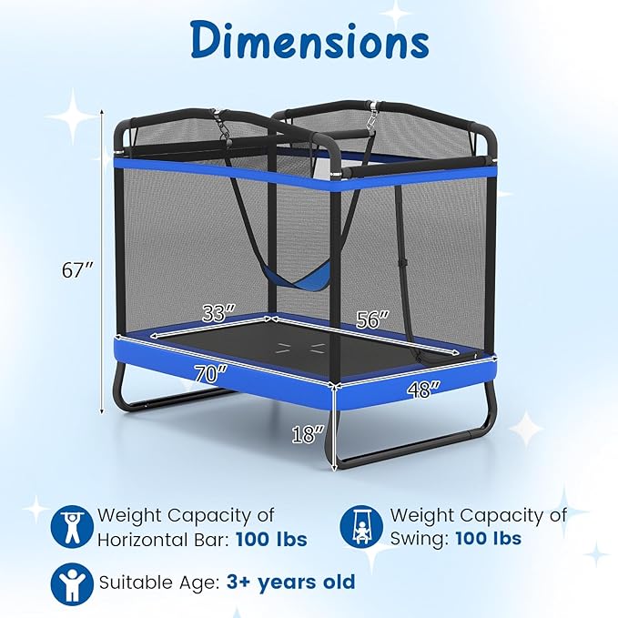Goplus 6 x 4 FT Rectangle Kids Trampoline, Indoor Outdoor Recreational Trampoline with Swing, Gymnastics Bar & Safety Enclosure Net, ASTM Compliant Gift for Children Boys Girls