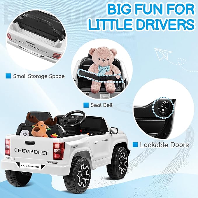 Winado Licensed Chevrolet Colorado Electric Car for Kids, 12V Ride on Toys for Toddlers with Remote Control, Battery Powered Electric Car Ride On Vehicle w/Bluetooth, Soft Start, LED Lights - White