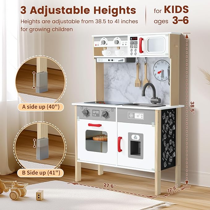 Play Kitchen Wooden Kids Kitchen Playset Pretending Toys for Toddlers with Real Lights & Sounds, 3 Heights Adjustable, Chalkboard, 35Pcs Toy Food & Cookware Accessories-Gray