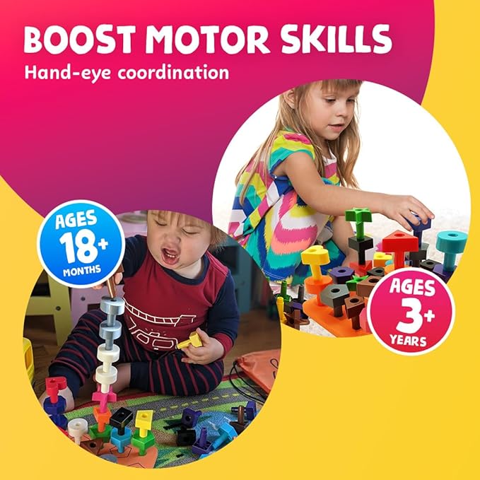 Skoolzy Peg Board Set - Montessori Toys for 2 Year Old - 38 Pc Plastic Peg Board for Kids with Shapes - Occupational Therapy Toys with Pegs, Dice, Lacing String & Storage Bag