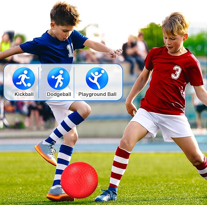 Kickball Set, 8.5 Inch Playground Ball, 4 Pcs Dodgeball Kickballs with 1 Pump, Rubber Kick Balls for Kids Adults Outdoor, Official Size Bouncing Hand Balls for Camps and Schools