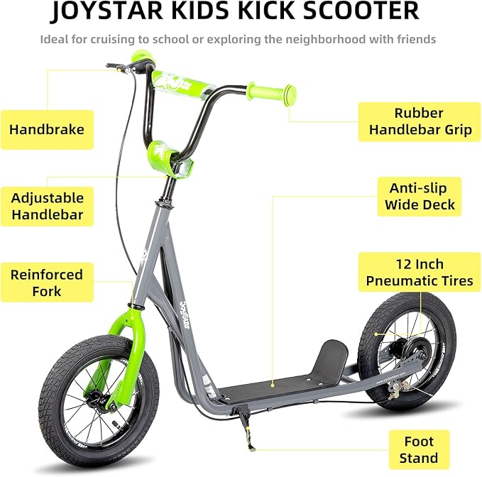 JOYSTAR Kick Scooter for Ages 5-9 Years Old Boys Girls, 12 Inch Big Wheels Scooters for Kids, Teens and Adults, Rear Brake and Adjustable Handlebar, Kids Scooter