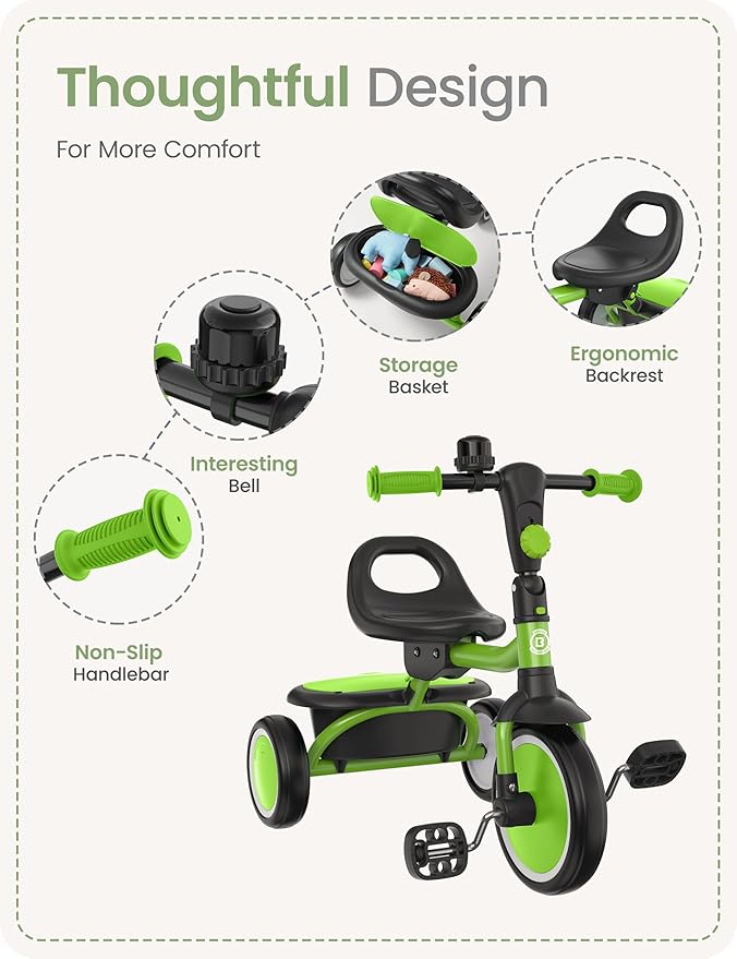 besrey Kids Tricycles Age 18 Month to 5 Years, Toddler Tricycle Kids Trikes Tricycle, Gift Toddler Tricycles for 2-5 Year Olds, Gift & Toys for Boy & Girl, Trikes for Toddlers, Grass Green