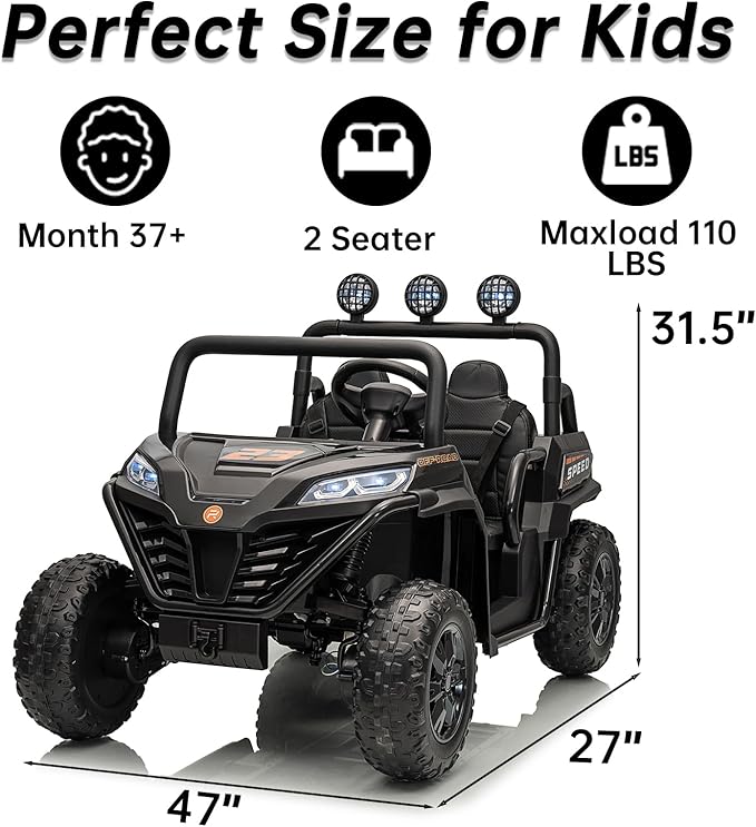 24V Side by Side Ride On Truck, Battery Powered Electric Vehicle with Remote Control, 4x100W Powerful Motor, 2 Seater Kids Car with Bluetooth, Black