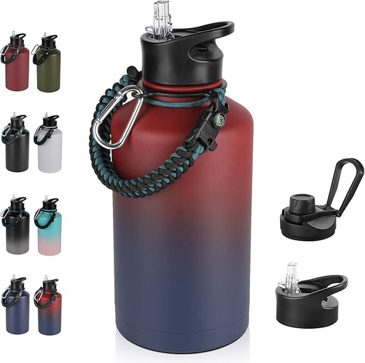64 oz Insulated Water Bottle with Straw & Spout Lids, Stainless Steel Metal Half Gallon Water Jug with Paracord Handle, Double Wall Vacuum, Leakproof, Keep Drinks Cold & Hot, Ruby Purple Gradient