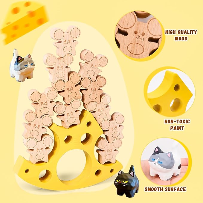 Wooden Cheese Mice Stacking Blocks Balancing Game for Kids of All Ages, Enhances Creativity Hand Eye Coordination Patience and Focus, Includes Storage Bag for Fun Family Play and Gifts