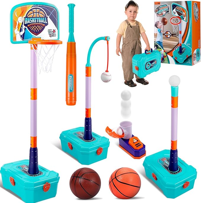 4 in 1 Toddler Basketball Hoop and T Ball Set - Adjustable Kids Basketball Goal Baseball Tee with Pitching Machine - Christmas Birthday Indoor Outdoor Sport Toy Games Gifts for Boys Girls Age 3-5