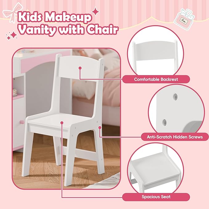 MU Kids Vanity, Girl Vanity Set with Mirror and Chair, 2 in 1 Toddler Makeup Vanity Table with Jewelry Storage, Wooden Princess Makeup Desk Dressing Table for Little Girls, White