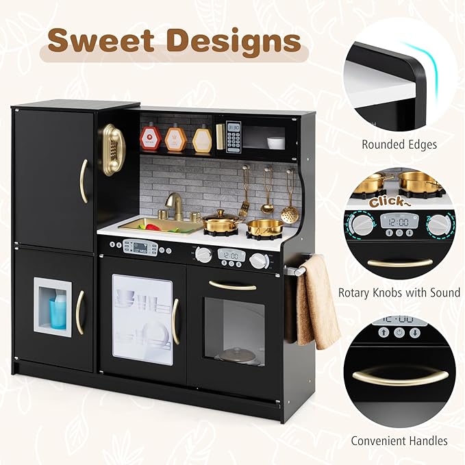 Costzon Kids Kitchen Playset, Wooden Pretend Cooking Toy Set w/Real Sound, Large Blackboard, Telephone, Microwave, Ice Maker, Dishwasher, Oven, Storage Space, Play Kitchen for Kids Ages 3+ (Black)