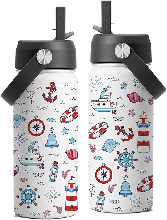 Nautical Gifts for Kids Boys, 16 oz Water Bottles with Straw Lid, Stainless Steel Insulated Ocean Water Bottle for Travel Outdoor, Navigation Lighthouse Cups Gifts for Birthday Christmas