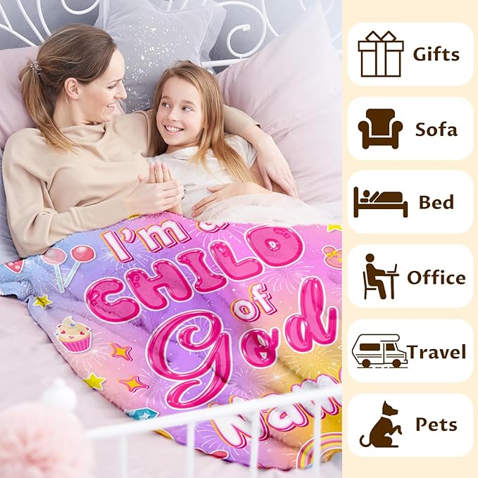 Personalized Blanket for Girls, Christian Throw Blanket Gifts for Kids Teens, 50"x60" Pink Cute Custom Flannel Blankets for Girl Lightweight Throws for Couch Sofa Bed Decor, Christian Gift Ideas