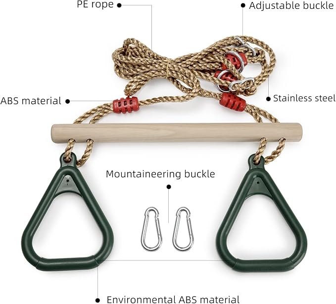 PELLOR Playground Children's Wooden Trapeze Swing Bar with Plastic Gym Rings Swing Set for Indoor & Outdoor Fun