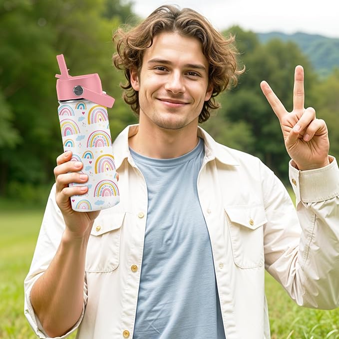 16oz Rainbow Tumbler Cup with Handle and Straw - Pink Stainless Steel Water Bottle for Women Men - Insulated Double Wall Travel Mug, Sweatproof, Non-Slip Base - Birthday Gift Ideas