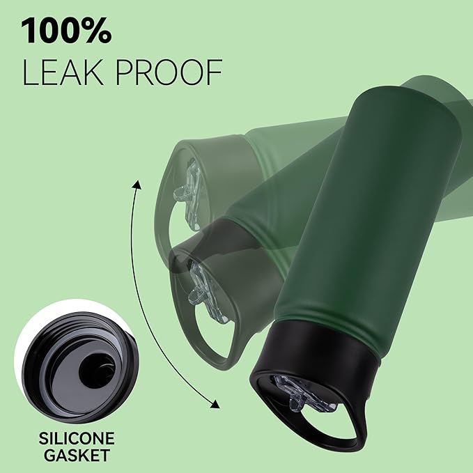 16 oz Insulated Water Bottle Bulk 8 Pack, Straw & Spout Lid, Keep Cold 24H, Spill Proof, BPA-Free, Double Wall, Stainless Steel Kids Water Bottles for School, Sports, Dark Green