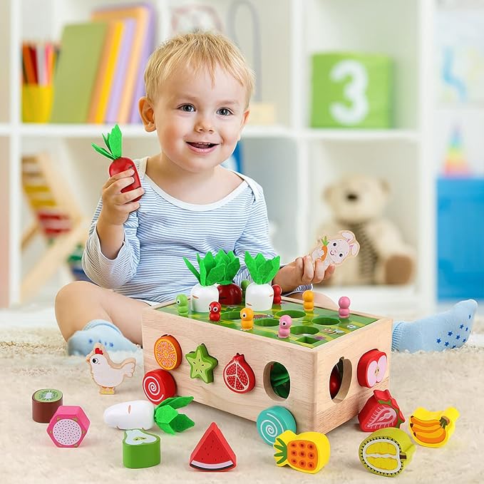 SKYFIELD Montessori Wooden Garden Toy for Baby Boys Girls 1 2 3 Years Old, Fine Motor Skills Developmental Gift Toy Color Shape Fruit Sorting Orchard Cart Farm Game for Toddler 1-3