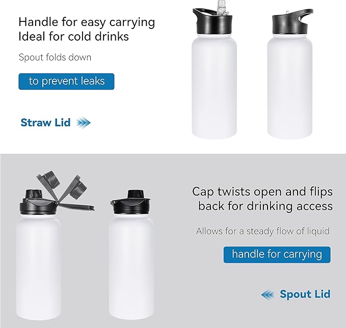 VEGOND 32 oz Insulated Water Bottle Bulk Stainless Steel Metal Water Bottles with Leak Proof Straw Lid & Spout Lid, Wide Mouth Double Walled Vacuum Travel Sports Bottle, 8 Pack