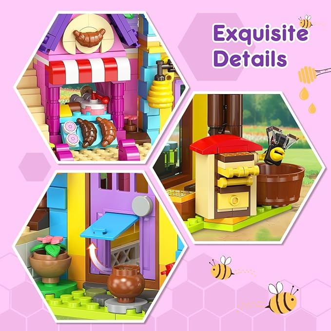 HOGOKIDS Beekeeping & Bakery House Building Toy with LED Light - 1084PCS Friends Girls Baking Building Set with Honey Workshop, Pretend Play Birthday for Kid Girls Boys Ages 8-12+ Years