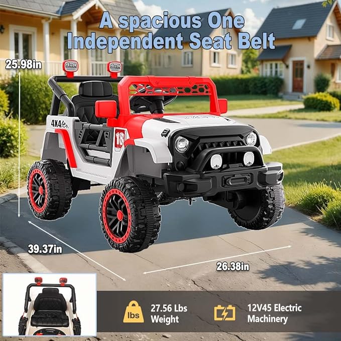 12V Kids Car, 4x4 Electric Car for Kids with Remote Control, LED Headlights & Music, Ride-On Truck Toy Gift for Boys Girls 3-8 Years (Flame Red & White)
