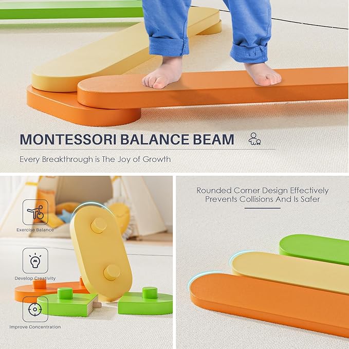 BlueWood Balance Beam for Kids 3-5, Toddler Sensory Wooden Toys and Stepping Stones, Build Coordination Gymnastics Obstacle Motor Skill for Kid