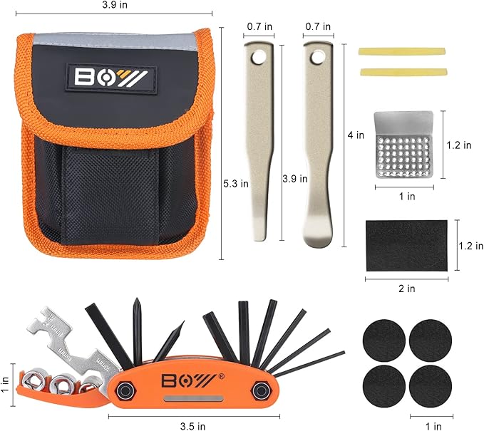 Bike Tool Kit Set, Portable Bike Repair Kit include 16 in 1 Multi Tool, 2 iron Tire Levers and 5 Pre-glued Patch Tire Patch, Metal Files, All in One Mini Tool Bag