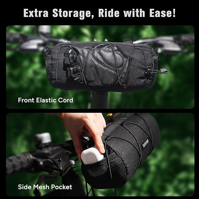 Bike Handlebar Bag, Waterproof Bicycle Storage Pouch, Cylindrical Handlebar Bag with Shoulder Strap & Elastic Cord, Fits Road & Mountain Bikes