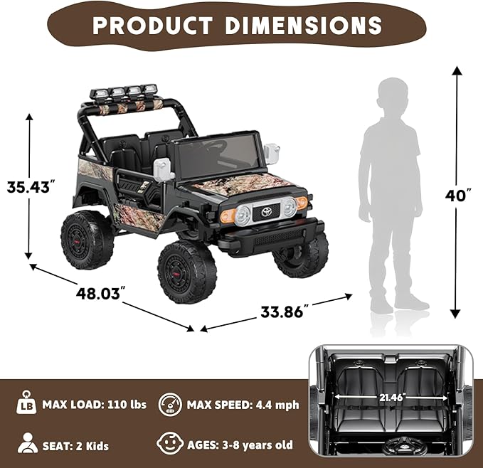 24V Ride on Toys for Kids, Licensed Toyota FJ, 2 Seater Ride on Car with Remote Control, Electric Car w/ 4-Wheeler Suspension, Led Light, Music, USB, Electric Vehicle for Age 3-8, Camouflage