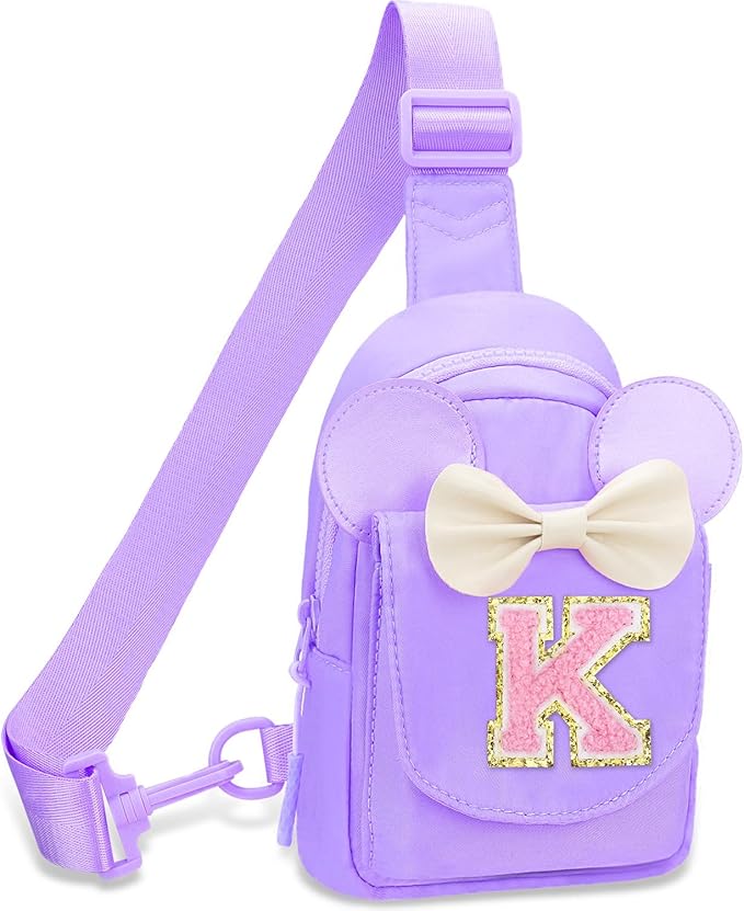 Girls Small Sling Bags for Kids - Girl Birthday Gifts for 3 4 5 6 7 8 9 10 Year Old Fanny Pack Belt Bag Personalized Small Initial Pink Sling Bag for Kid Girls Crossbody Bags Purse Purple K