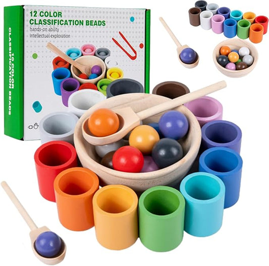 Balls in Cups Toddler Toys, Color Sorting & Matching Game, Wooden Educational Toy for Kids, Color Recognition, Concentration & Cognitive Skill Development, for 1-3 Years Old Toddlers