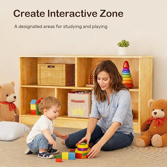 Wingyz Rubber Wood Montessori Bookshelf, 5-Section Wooden Storage Cabinet, 2 Shelf Bookcase Toy Storage Organizer, 43.3"L Montessori Shelf for Kids Rooms Classroom Playroom Nursery Daycare, Child-Safe