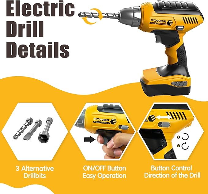 Pretend Play Kids Construction Kits, Kids Tool Set with Electronic Toy Drill & Tool Box, Toy Tools Christmas Birthday Gift for 3 4 5 6 7 8 Year Old Boys & Girls
