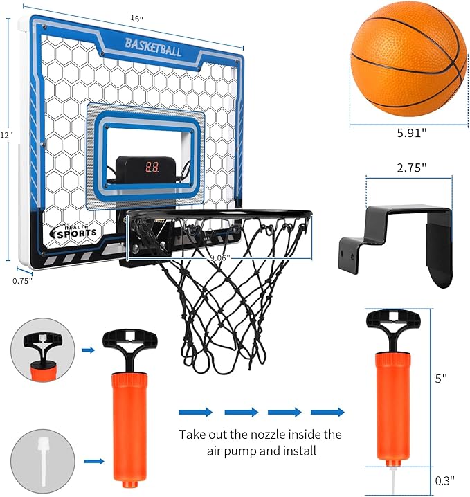 AOKESI Mini Basketball Hoop Indoor with Scorer and Batteries|Inside Basketball Hoop Over The Door with Colorful LED Lighting|Toy Basketball Gifts for Boys Girls Teens Adults, Blue