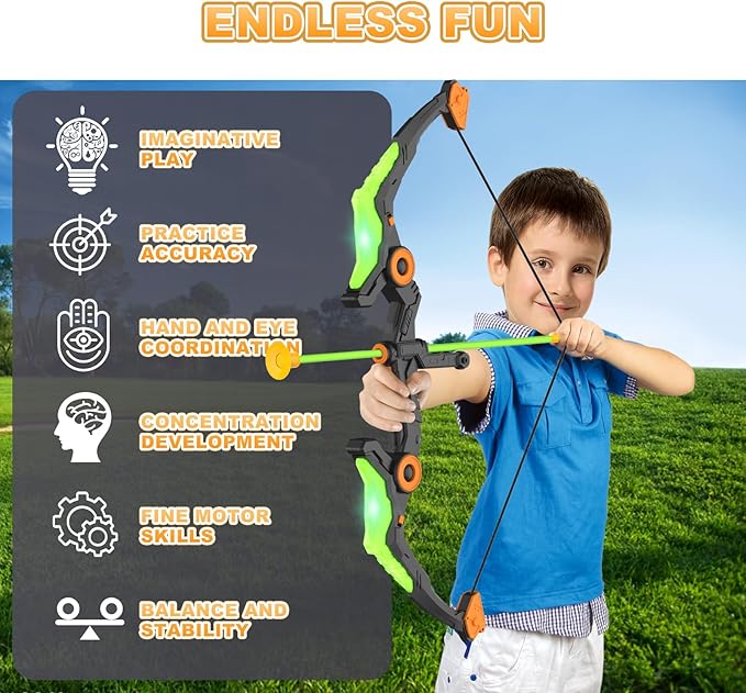 Kids Bow and Arrow Set with LED Flash Lights, 10 Suction Cup Arrows, Quiver and Fluorescence Standing Target-Perfect Indoor and Outdoor Archery Set Toy Gift for Boys and Girls Ages 4-12