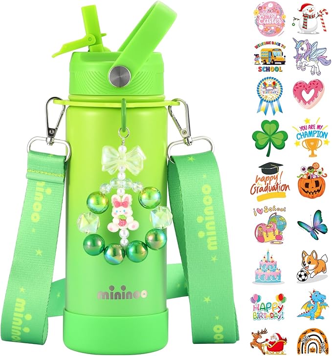 Mininoo Insulated Stainless Steel Kids Water Bottle for School with Straw Lid & Strap, 50 Stickers, 18 oz(Lemon/Green)