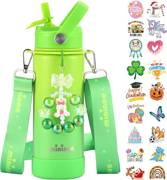 Mininoo Insulated Stainless Steel Kids Water Bottle for School with Straw Lid & Strap, 50 Stickers, 18 oz(Lemon/Green)