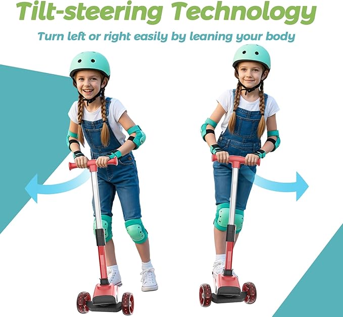 YING LU 3 Wheel Scooter for Kids, Adjustable Foldable Kids Kick Scooter with Luminous Tires & Rear Foot Brake, 50kg Capacity (Red)